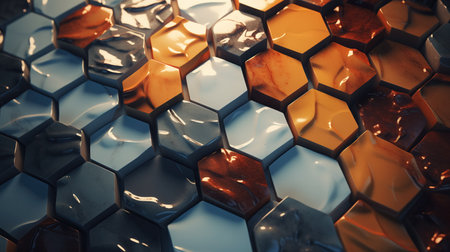 A close-up of hexagonal tiles with a glossy finish, capturing gradients of amber, gold, and blue hues, reflecting light and creating a warm, honeycomb-like pattern.の素材