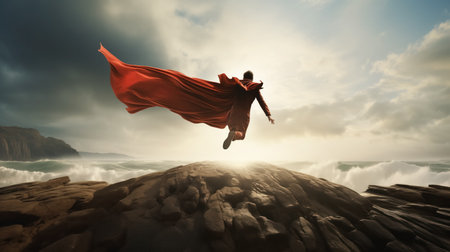 A figure with a flowing red cape soars above turbulent ocean waves, against a backdrop of dramatic clouds and sun rays.の素材