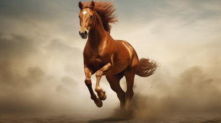 A majestic chestnut horse is captured in full gallop, its mane flowing, as it kicks up clouds of dust against a dramatic sky backdrop.の素材