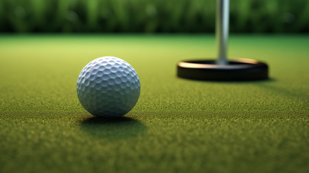 A close-up view of a dimpled golf ball on the lush green, poised a short distance away from the cup, with anticipation of the final putt.の素材