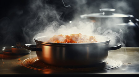 A simmering pot on a stovetop, steam rising, filled with a hearty meal, under a warm light.の素材