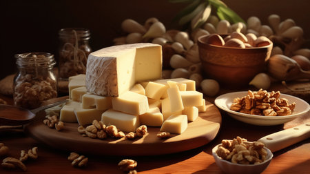 A delectable arrangement of cheese cubes on a wooden board, accompanied by an assortment of nuts and walnuts, bathed in the warm, golden glow of a cozy indoor setting.の素材