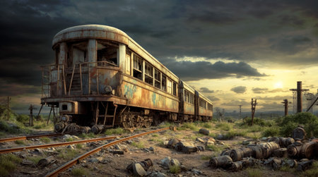A decaying train rests on obsolete tracks among scattered debris, under the dramatic glow of a sunset.の素材