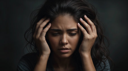 A portrait of a distressed woman holding her head in her hands, her eyes closed and expression pained, possibly experiencing a headache.の素材