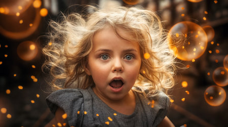 A young girl's face lights up in wonder, her eyes wide and mouth agape, as she is surrounded by magical sparkling lights.の素材