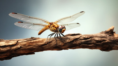 Close-up of a dragonfly perched delicately on a weathered branch, showing its intricate wings and vibrant body in sharp focus.の素材