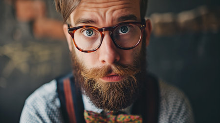 A close-up portrait of a bearded man with large round glasses and a colorful bow tie, showing a surprised expression.の素材