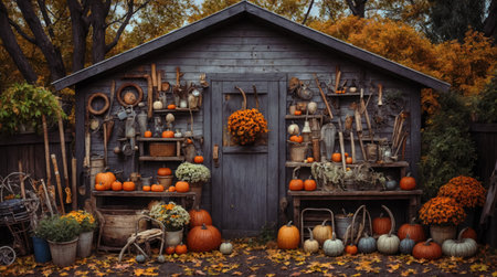 A wooden shed beautifully adorned with a variety of pumpkins, flowers, and farming tools, celebrating the bounty of autumn.の素材