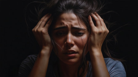 An emotional portrait of a distressed woman with her hands in her hair, conveying a powerful sense of anxiety or despair.の素材