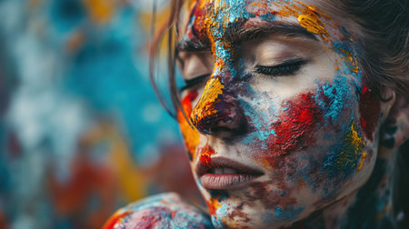 A contemplative person with their face and shoulders artistically smeared with splashes of red, blue, and yellow paint, eyes closed.の素材