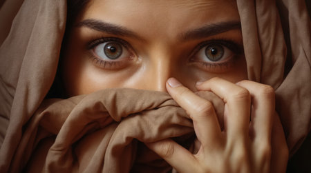 Intense close-up of a woman's eyes looking over brown fabric, conveying mystery and deep emotion.の素材