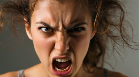 A close-up portrait of a woman with furrowed brows and wide eyes, her mouth open in a shout, expressing intense anger.の素材