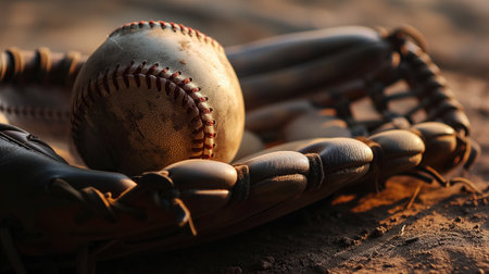 A worn baseball nestled in a leather glove lying on the dirt, with the warm, golden light of sunset casting long shadows.の素材