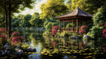 A wooden gazebo sits serenely by the edge of a calm pond, reflecting on the water's surface amidst lush greenery and blooming flowers.の素材