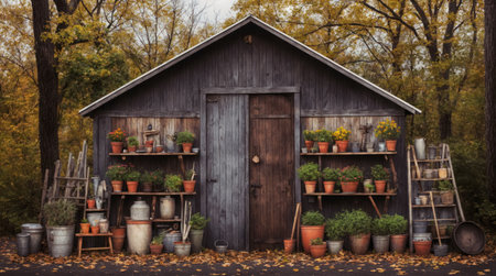 A rustic wooden shed adorned with a variety of potted plants and gardening tools, embraced by the warm colors of autumn.の素材