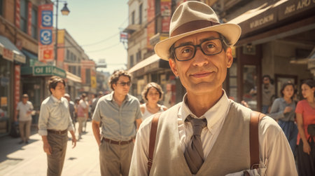 A stylish man in vintage attire stands confidently on a bustling city street, evoking a sense of nostalgia with a modern twist.の素材