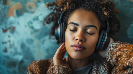 A young woman with curly hair and closed eyes loses herself in music while wearing large, over-ear headphones, evoking a serene mood.の素材