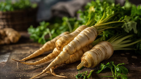 Freshly harvested parsnips with green tops lay on a rustic kitchen surface, ready for culinary use.の素材