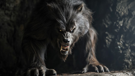 A fierce mythical creature resembling a werewolf snarls menacingly, poised to strike from the shadows of its dimly lit, rocky lair.の素材