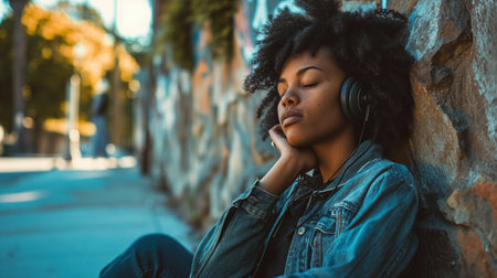 A serene young woman with headphones enjoys a peaceful moment, leaning against an urban stone wall.の素材
