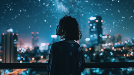 A contemplative woman stands on a balcony, her silhouette outlined against the glittering backdrop of a city's nighttime lights.の素材