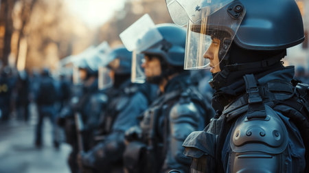 A formation of riot police stands prepared in protective gear as dusk falls, their visors reflecting the fading light.の素材