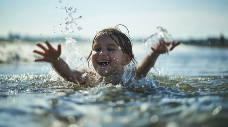 A joyful young child is splashing in sunlit water, laughing with arms outstretched, capturing a moment of pure happiness and innocence.の素材