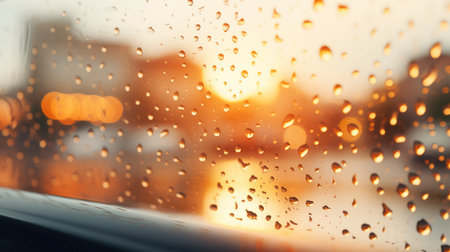 Raindrops clinging to a windowpane, with a blurred sunset and city lights glowing warmly in the background.の素材