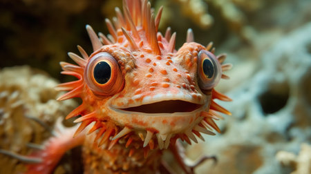 A close-up view of an exotic, spiky fish with wide eyes in a colorful coral reef, showcasing marine biodiversity.の素材