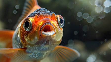 A surprised-looking goldfish faces the camera head-on with an open mouth, highlighted by a background of shimmering water bubbles.の素材