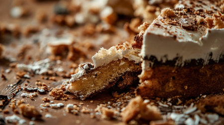 A close-up of a delectable slice of tiramisu with layers of mascarpone and dusted cocoa on a crumbly chocolate base.の素材