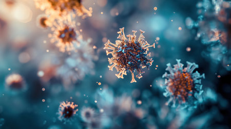 A computer-generated image of viruses shown in a microscopic view, depicting the intricate details of these infectious agents in a dramatic fashion.の素材
