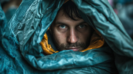 A man's intense gaze peers out from beneath a hooded blanket, adding a sense of mystery and focus.の素材