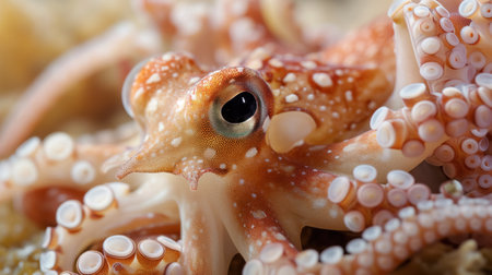A detailed close-up of a curious octopus, showing its textured skin and suction-cupped tentacles with a keen eye peering out.の素材