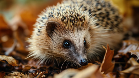 A small, inquisitive hedgehog explores a bed of crisp autumn leaves, blending into the earthy tones of its natural surroundings.の素材