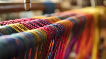 Close-up of vibrant threads stretched on a traditional weaving loom, showing a spectrum of colors and the art of textile making.の素材