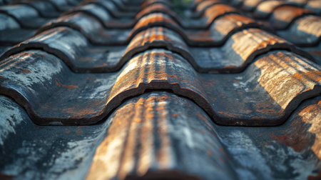 Warm sunlight bathes a row of rustic, weathered roof tiles, highlighting their texture and the passage of time.の素材