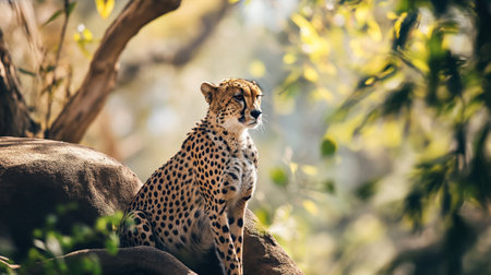 A majestic cheetah sits atop a rock, its spotted coat illuminated by sunlight filtering through leaves.の素材