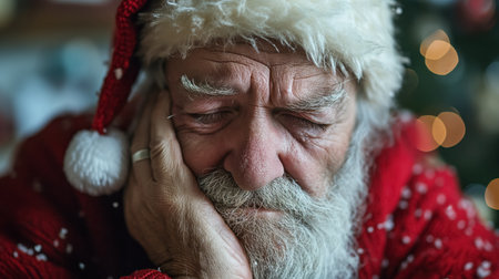A close view of Santa Claus, eyes closed, looking tired and thoughtful against a festive backdrop.の素材