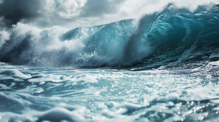 A towering wave crests with formidable power, captured in the moment before it breaks, the ocean's might on full display.の素材