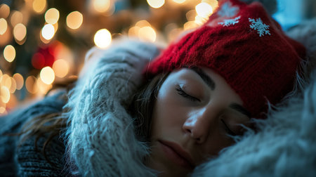 A young woman wearing a red winter hat sleeps curled up in a cozy blanket, with the glow of Christmas lights around her.の素材