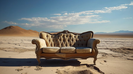 A vintage, tufted couch stands incongruously in the middle of a vast, barren desert landscape.の素材