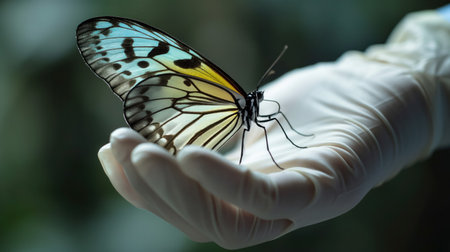 A delicate butterfly with patterned wings rests gently on a person's gloved hand, symbolizing human connection with nature.の素材