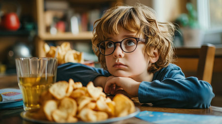 A young child with curly hair and glasses sits at a table, gazing away with a plate of cookies in front, expressing a moment of thoughtfulness.の素材
