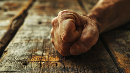 A close-up of a clenched fist on a weathered wooden table, symbolizing strength, determination, or protest.の素材