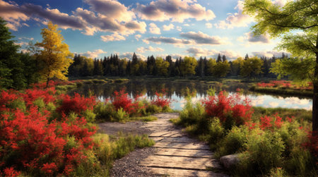 A scenic view of a tranquil lake surrounded by vibrant autumn foliage and a rustic wooden path leading through the landscape.の素材