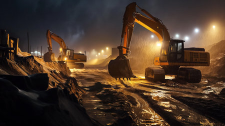 Heavy excavators operate on a muddy construction site under a rainy night sky, their lights piercing through the darkness and rain, highlighting the intensity of the work.の素材