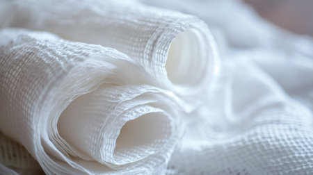 Tightly rolled white medical gauze presents a clean, sterile environment, emphasizing the care and precision in medical practices.の素材