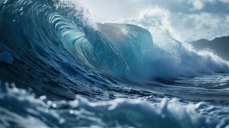 A powerful, curling wave crests in the ocean, its spray catching the light, embodying the raw energy of the sea.の素材