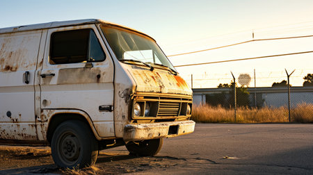 A weathered, abandoned van sits on an empty street at sunset, evoking a sense of nostalgia and past adventures.の素材